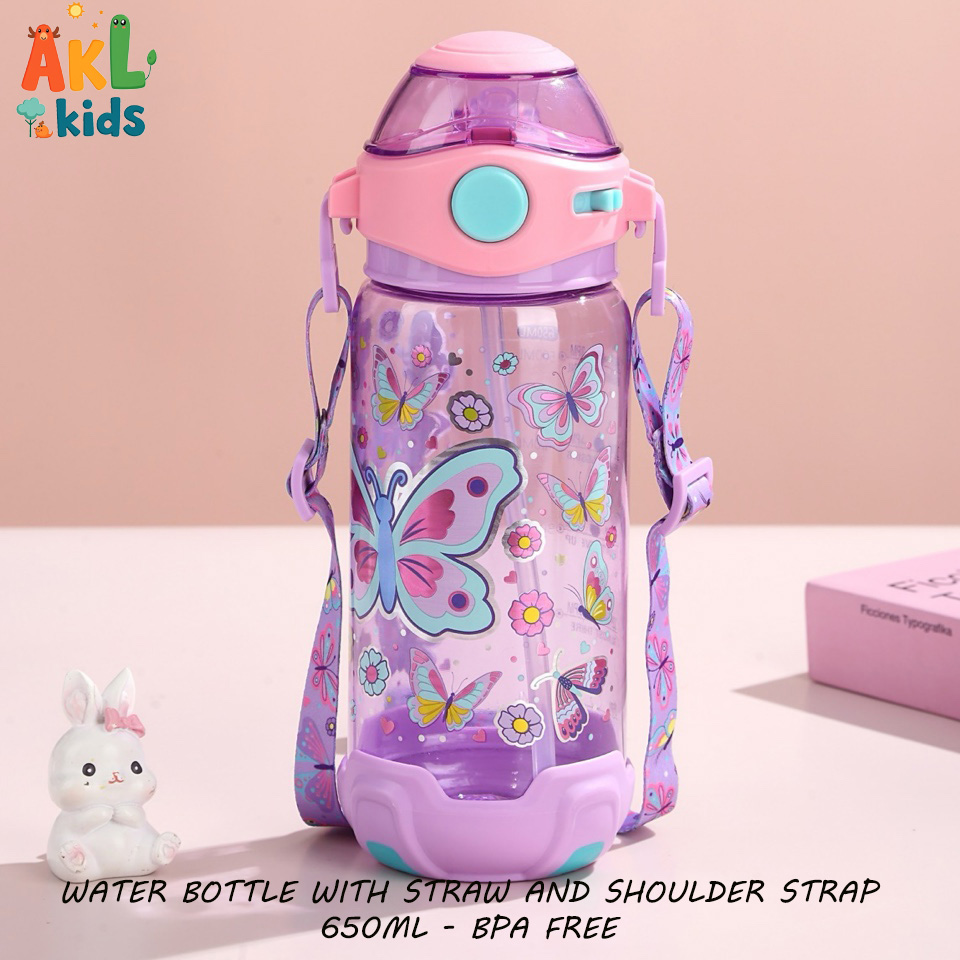 Water bottle with straw and shoulder strap Butterfly