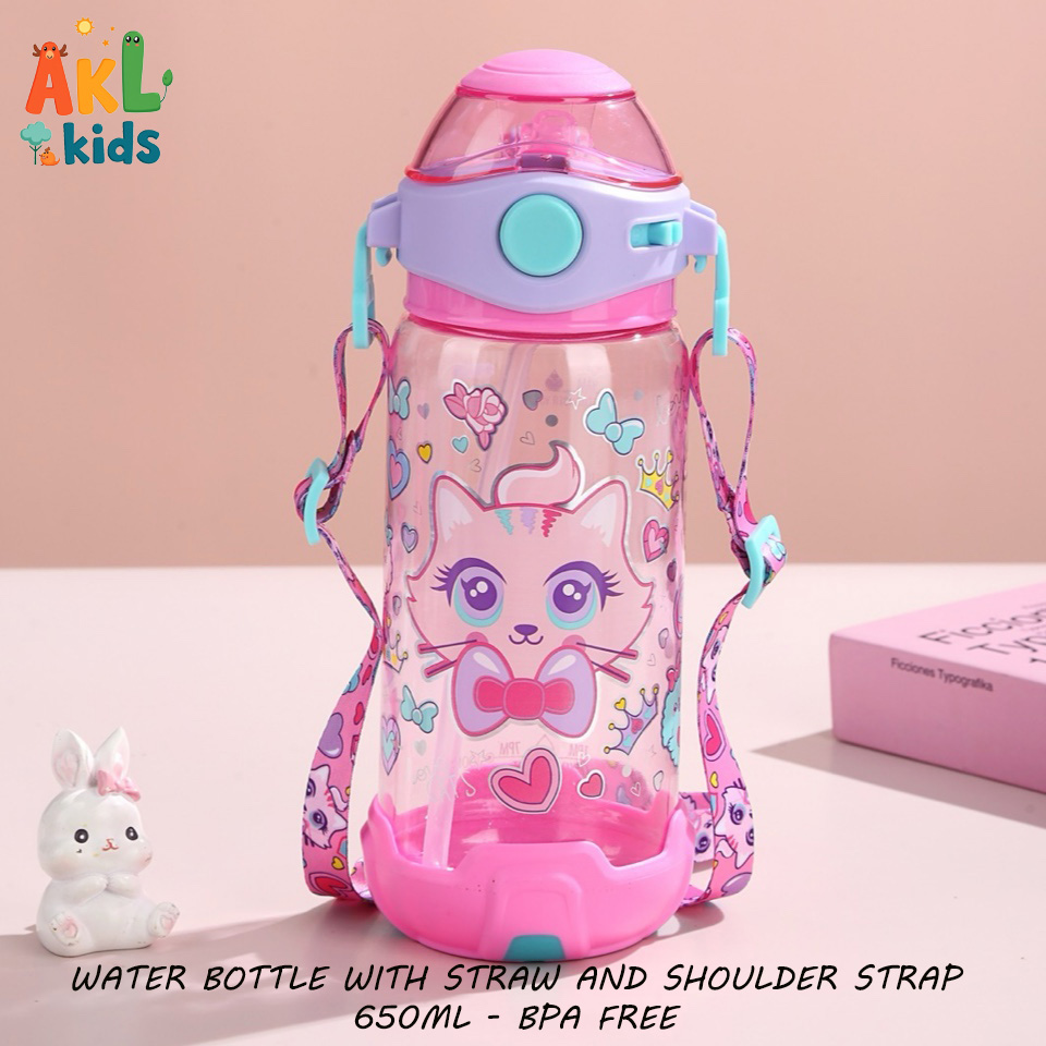 Water bottle with straw and shoulder strap Cat