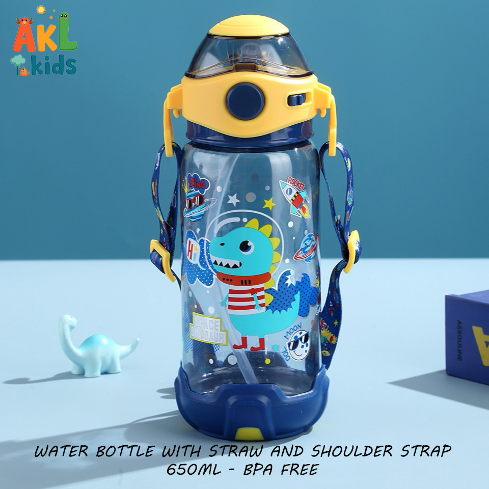 Water bottle with straw and shoulder strap