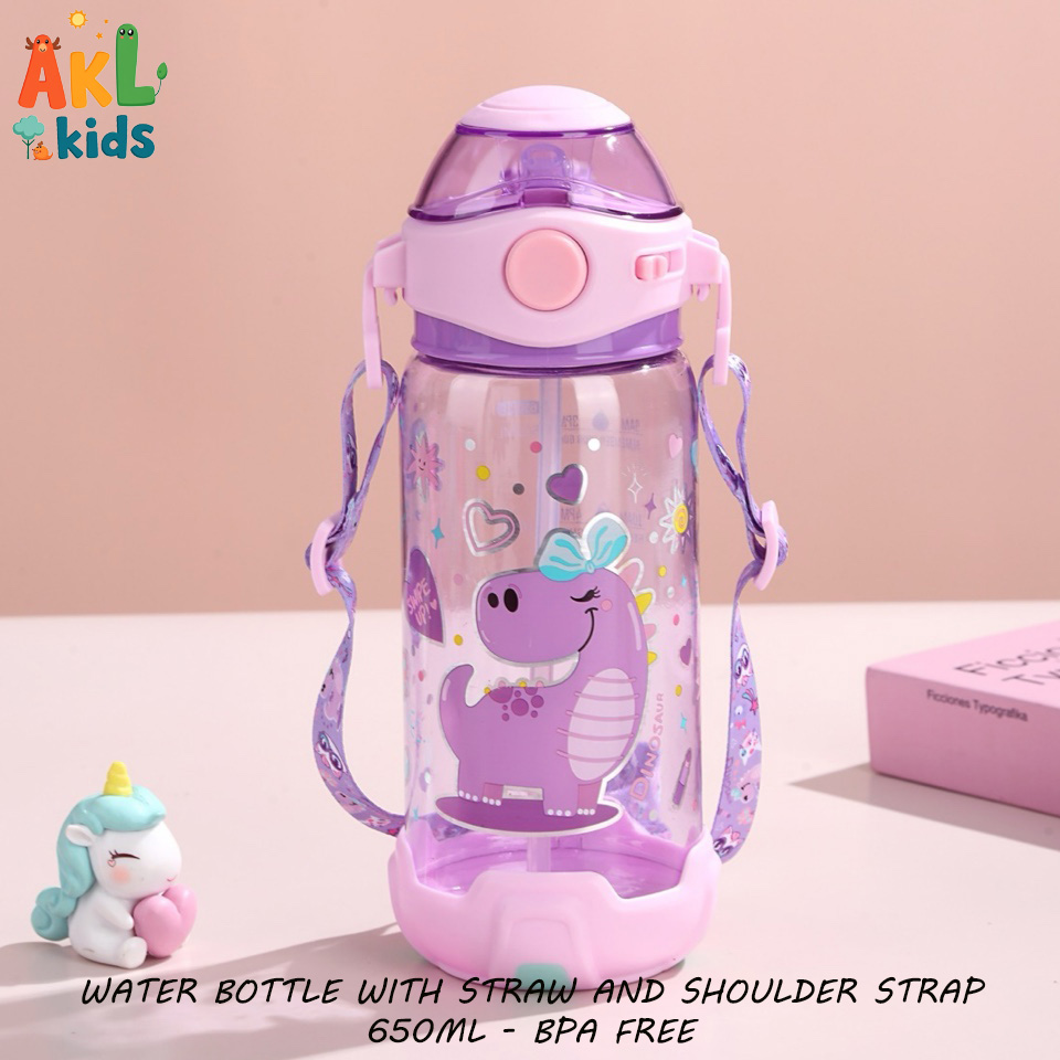 Water bottle with straw and shoulder strap
