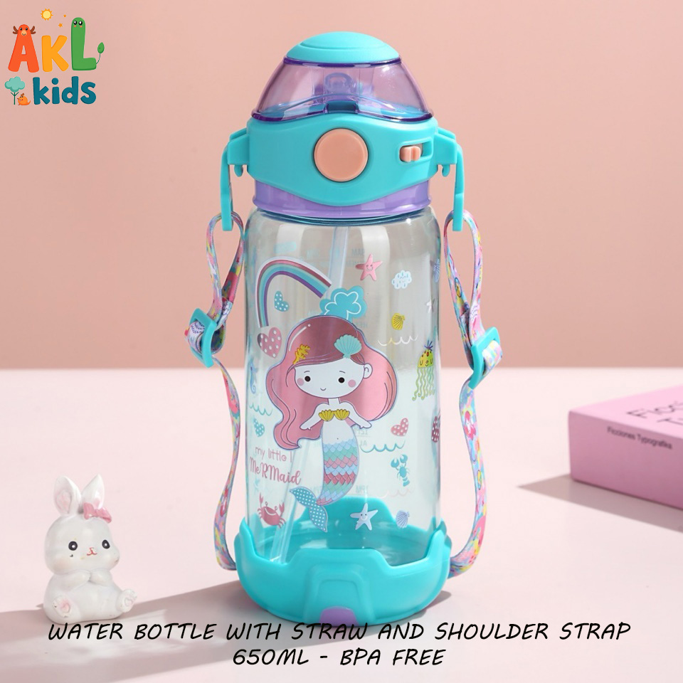 Water bottle with straw and shoulder strap Mermaid