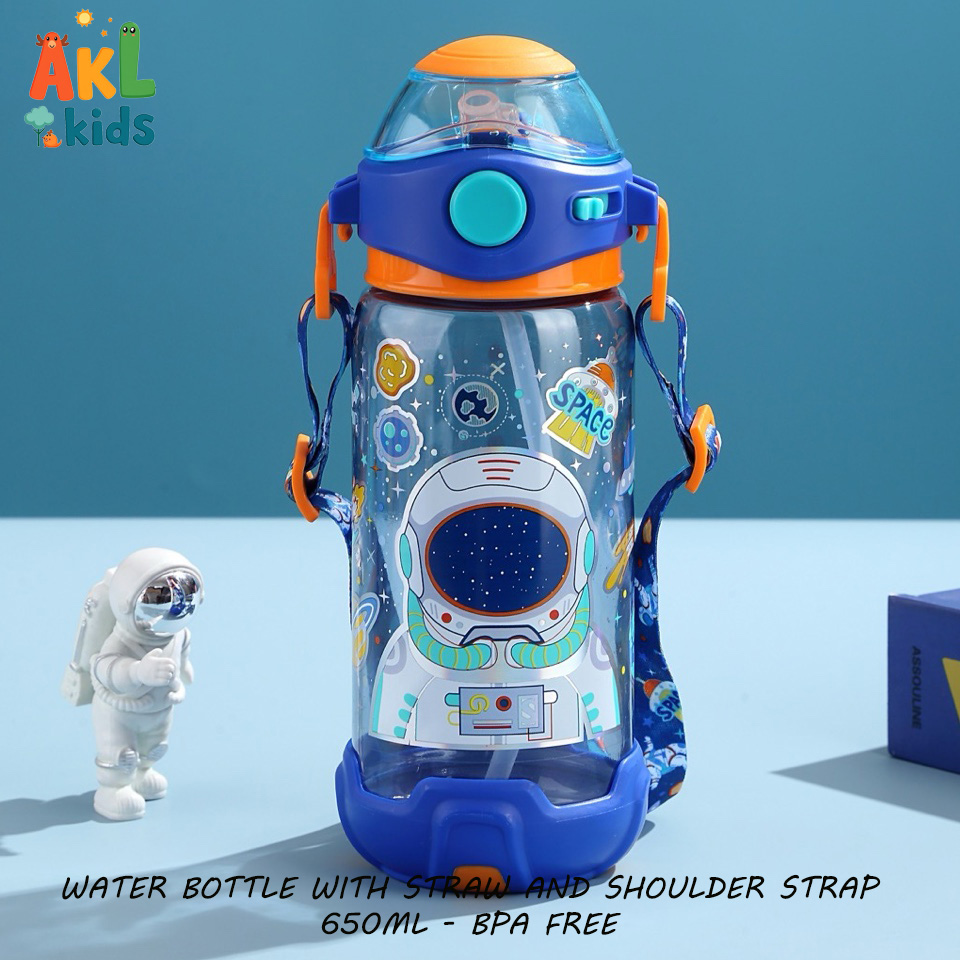 Water bottle with straw and shoulder strap