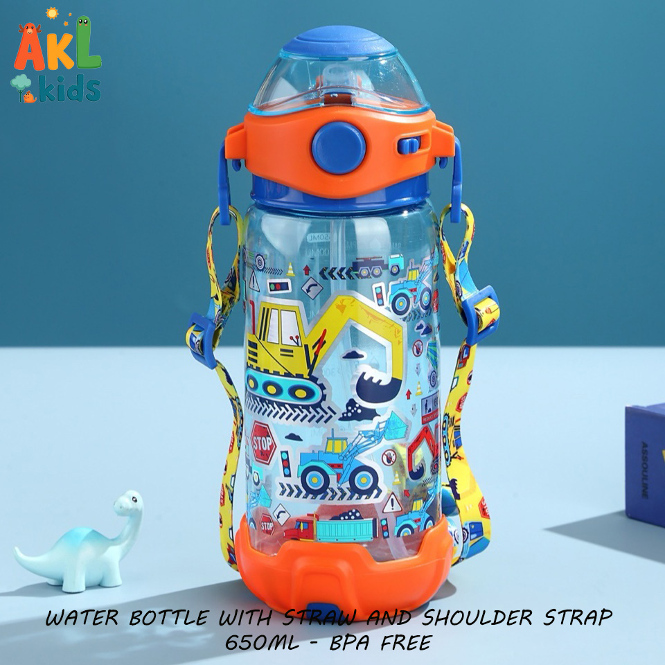 Water bottle with straw and shoulder strap