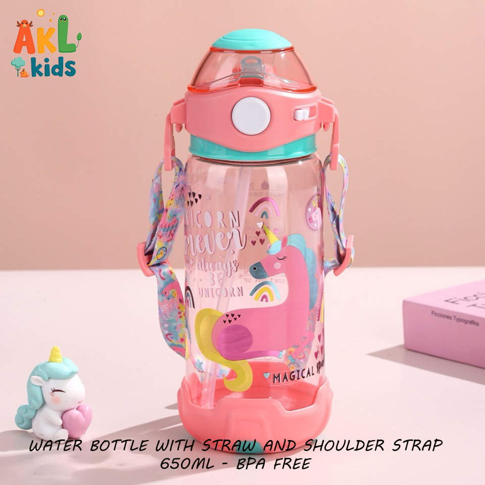 Water bottle with straw and shoulder strap Unicorn