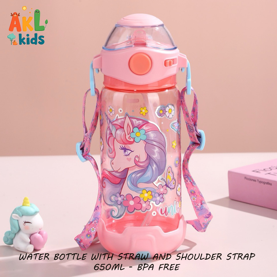 Water bottle with straw and shoulder strap Unicorn