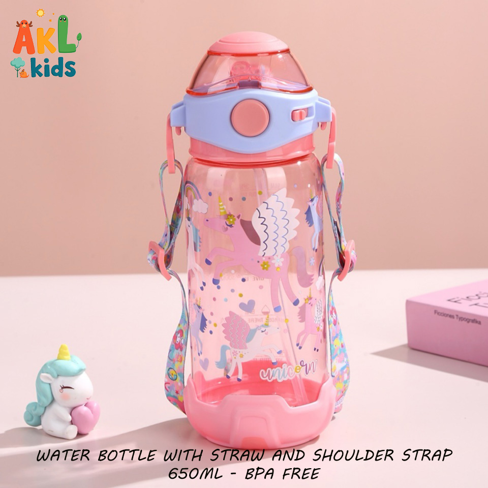 Water bottle with straw and shoulder strap