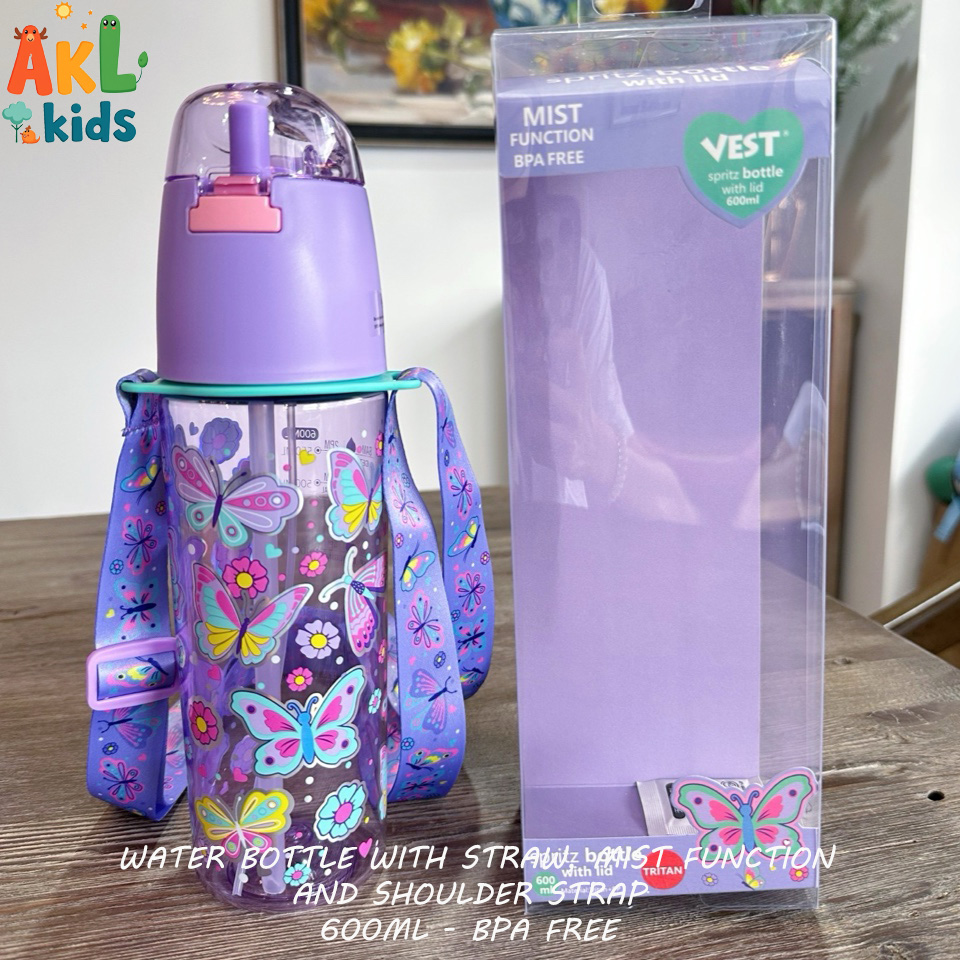 Water bottle with straw , mist function and shoulder strap Butterfly