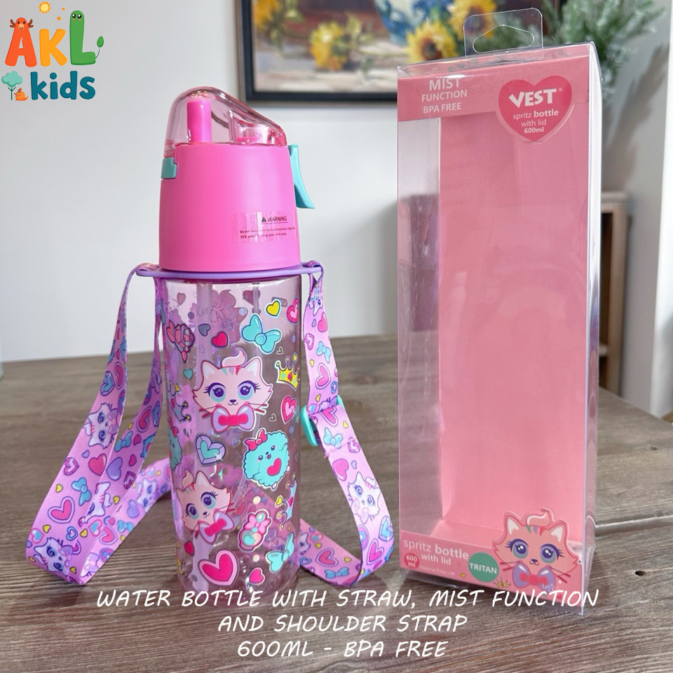Water bottle with straw , mist function and shoulder strap Cat