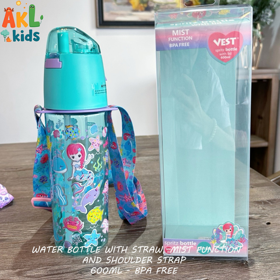 Water bottle with straw , mist function and shoulder strap Mermaid