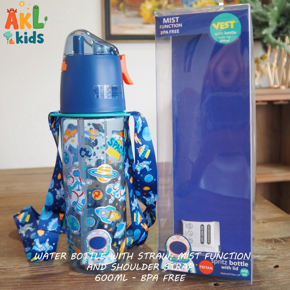 Water bottle with straw , mist function and shoulder strap Space