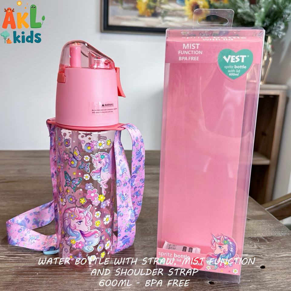 Water bottle with straw , mist function and shoulder strap Unicorn