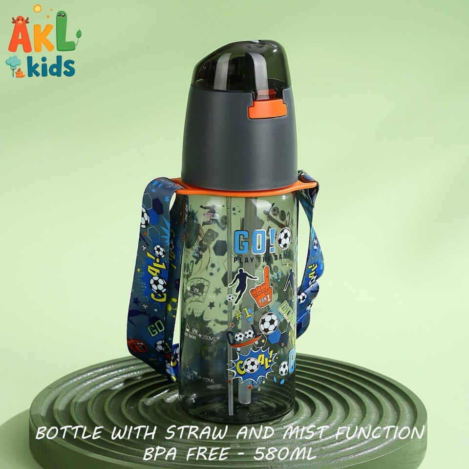 Water bottle with straw , mist function and shoulder strap