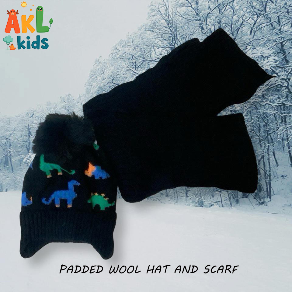Padded Wool Hat and Scarf -Black