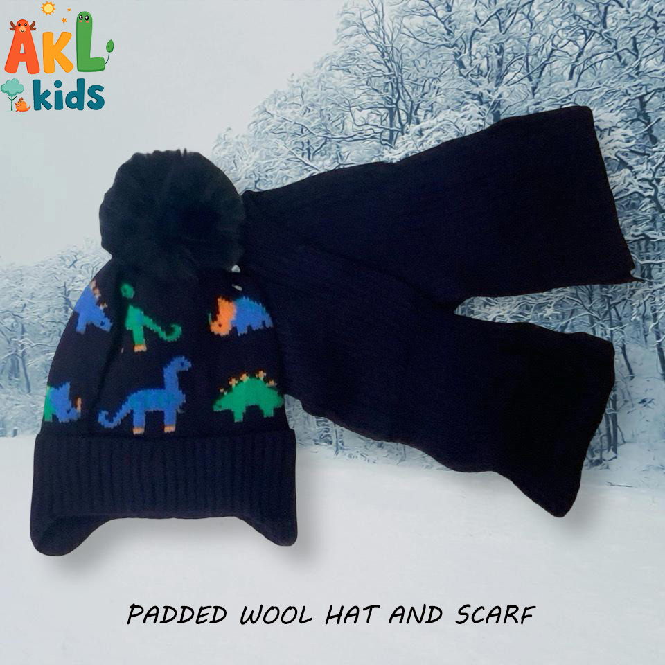 Padded Wool Hat and Scarf -Navy