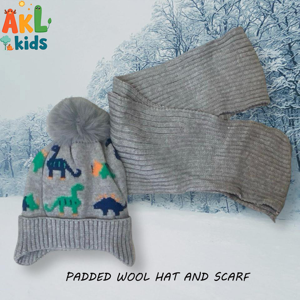 Padded Wool Hat and Scarf -Gray