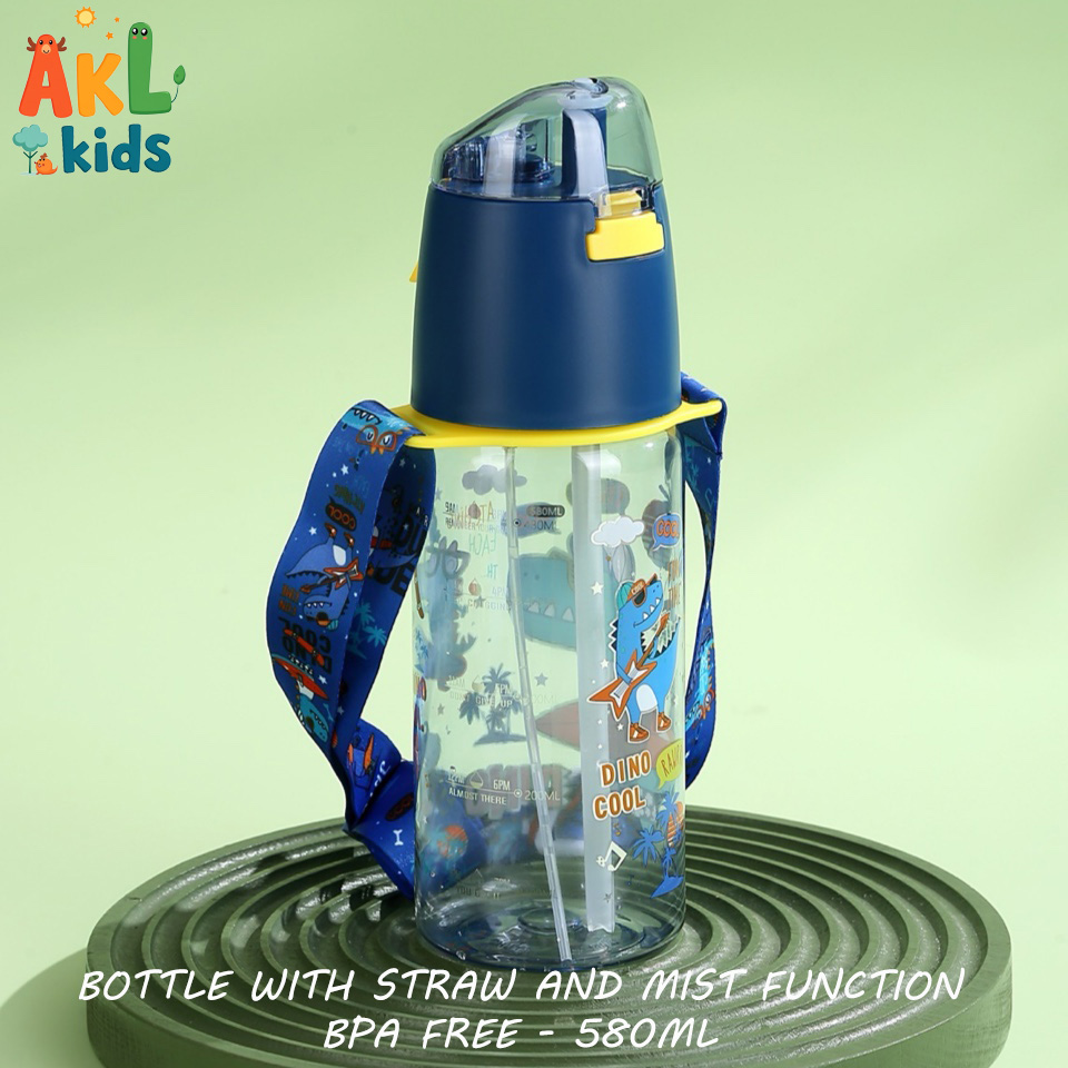 Water bottle with straw , mist function and shoulder strap