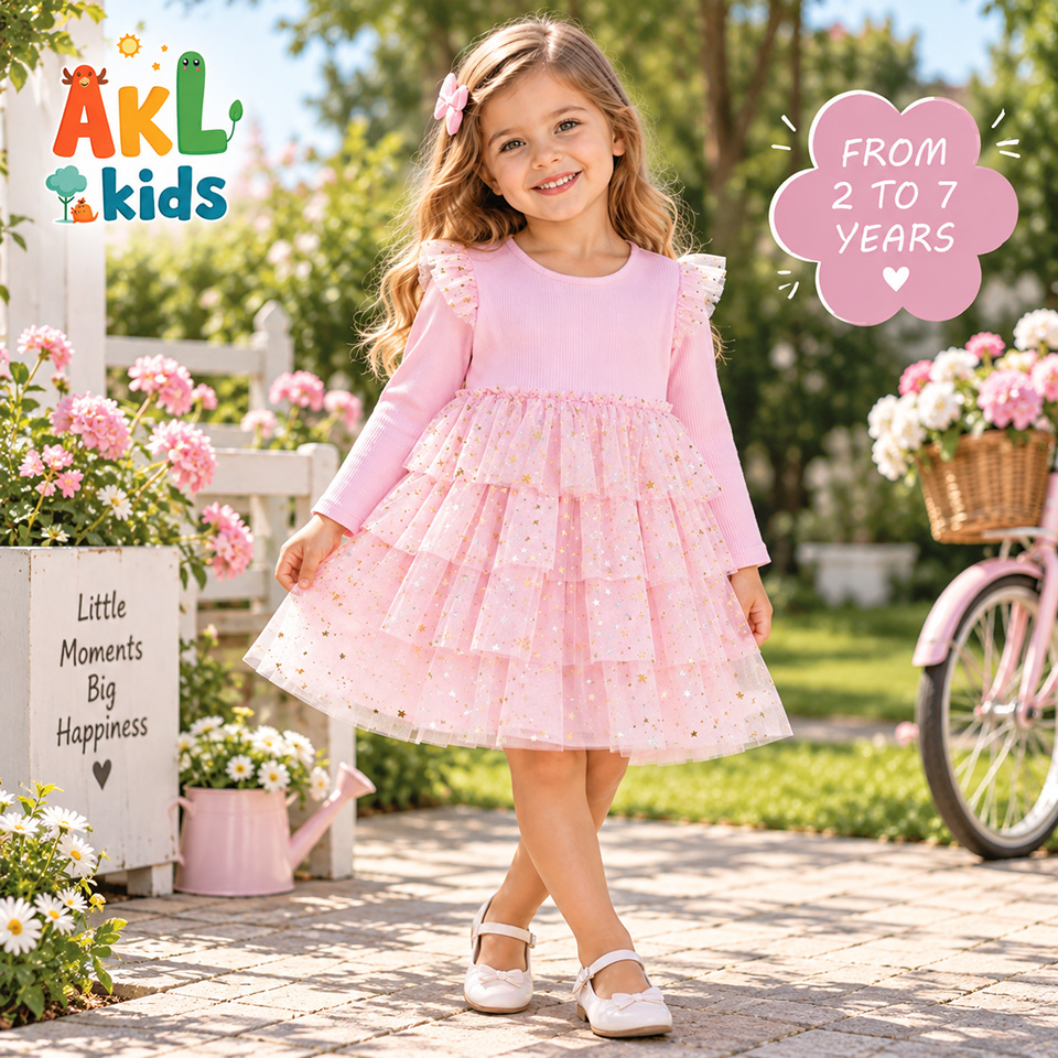 Pink Cotton Tulle Dress for Girls with Star Glitter – Ages 2 to 7 Years