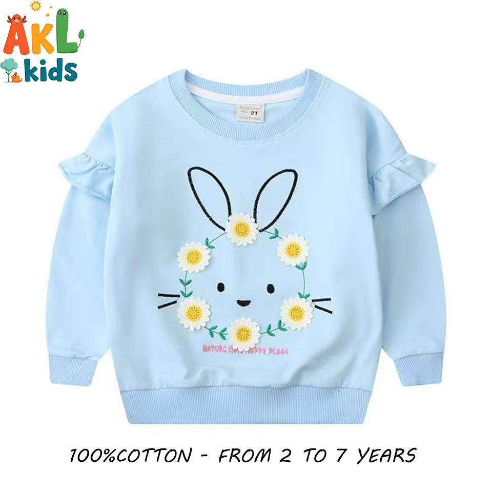 Light Blue Bunny & Daisy Cotton Sweatshirt for Girls – Ages 2 to 7 Years