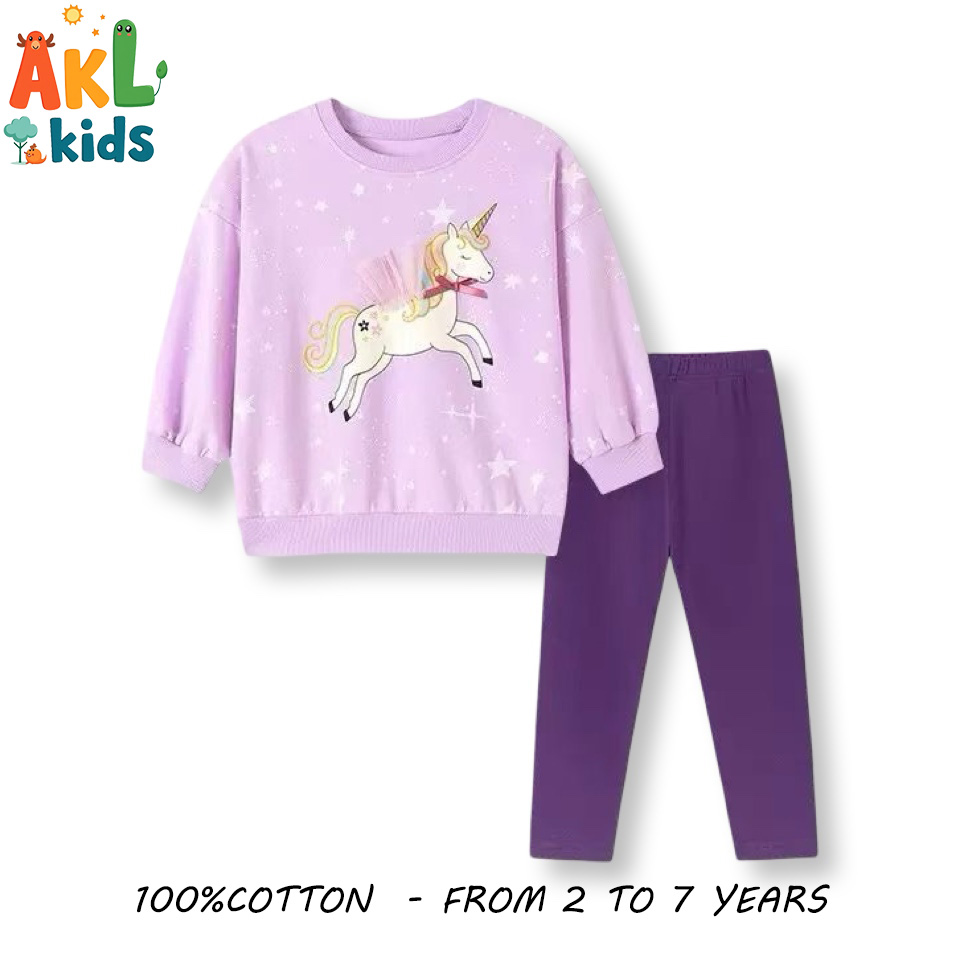 Girls’ Unicorn Cotton Long Sleeve Set – Pink & Purple