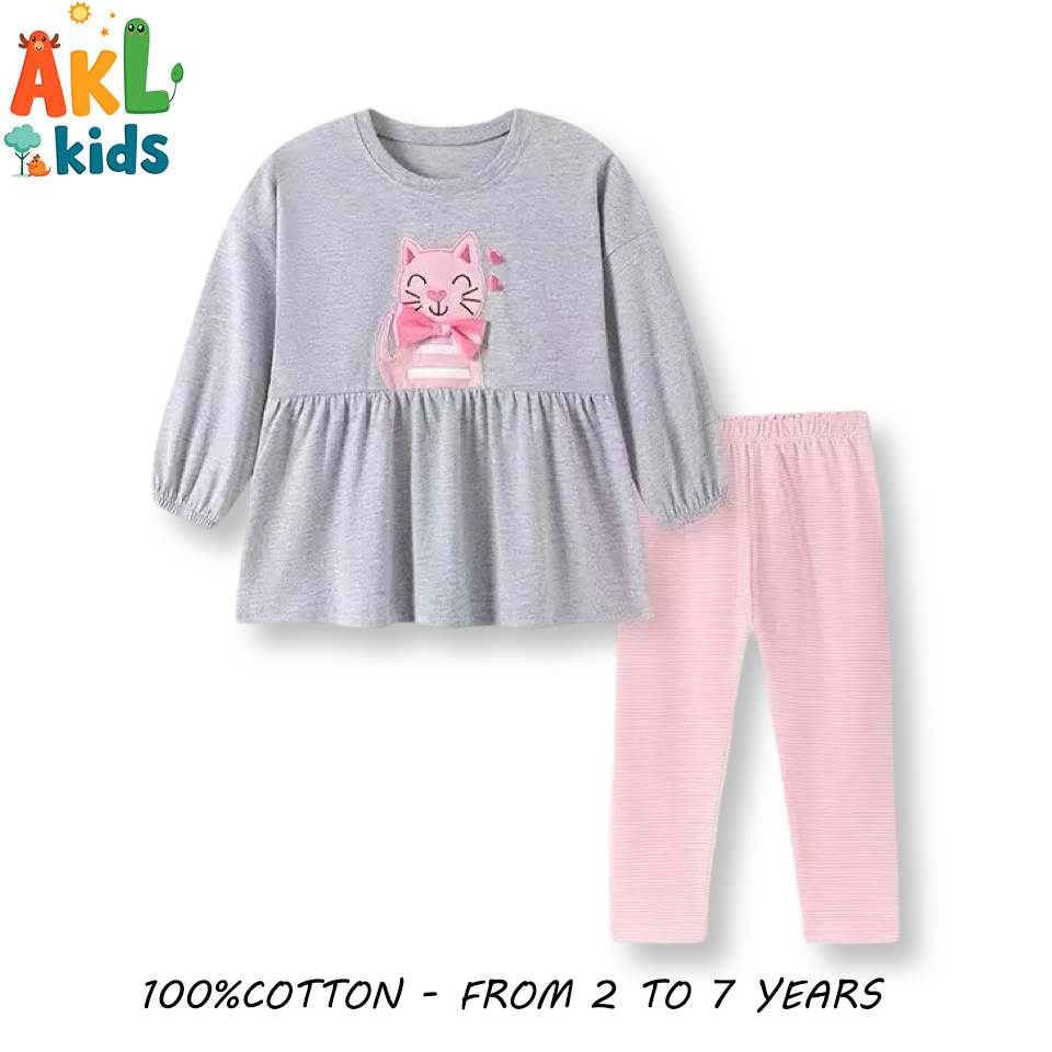 Girls’ Cotton Long Sleeve Set – Grey & Pink