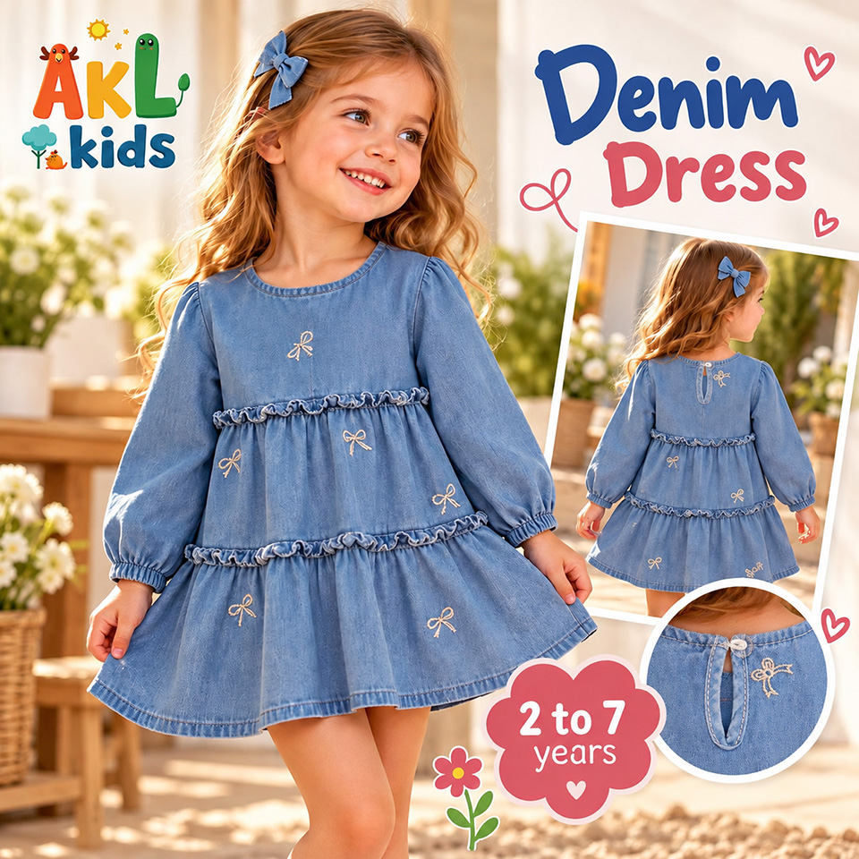 Girls’ Denim Dress with Embroidery & Ruffles – Clear Blue