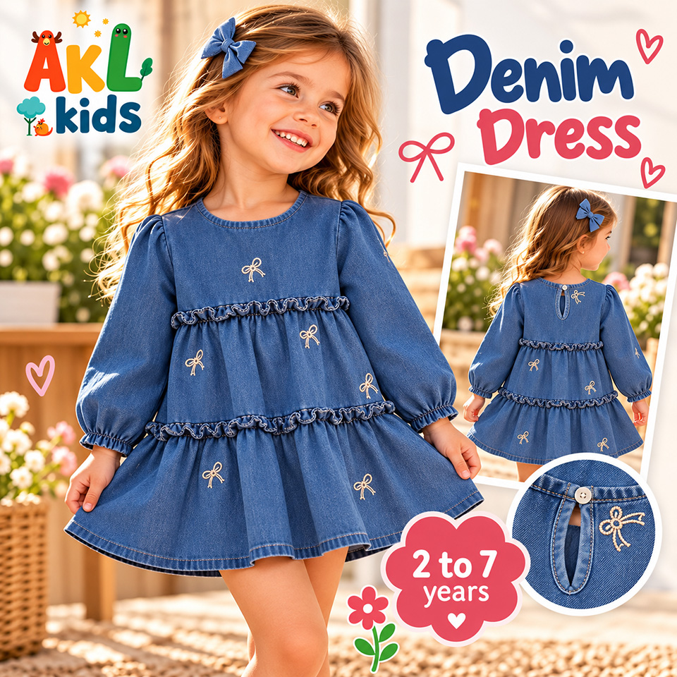 Girls’ Denim Dress with Embroidery & Ruffles – Dark Blue