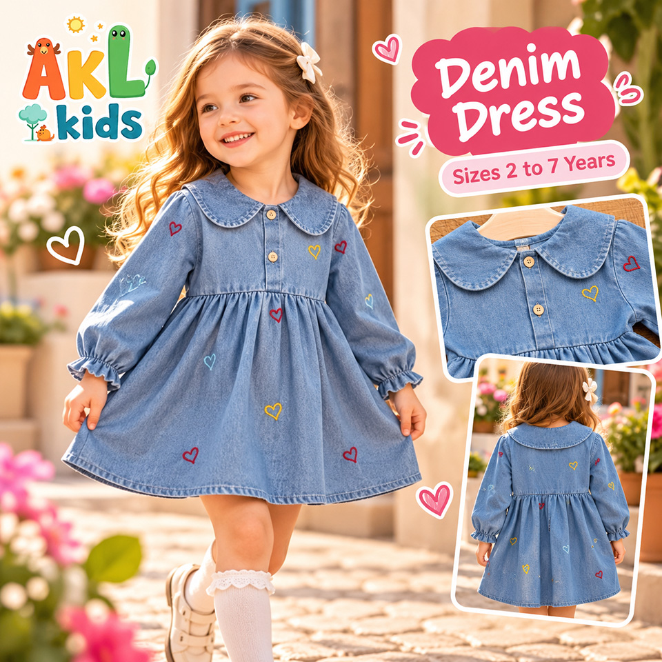 Girls’ Denim Dress with Colorful Heart Embroidery – Sizes 2 to 7 Years