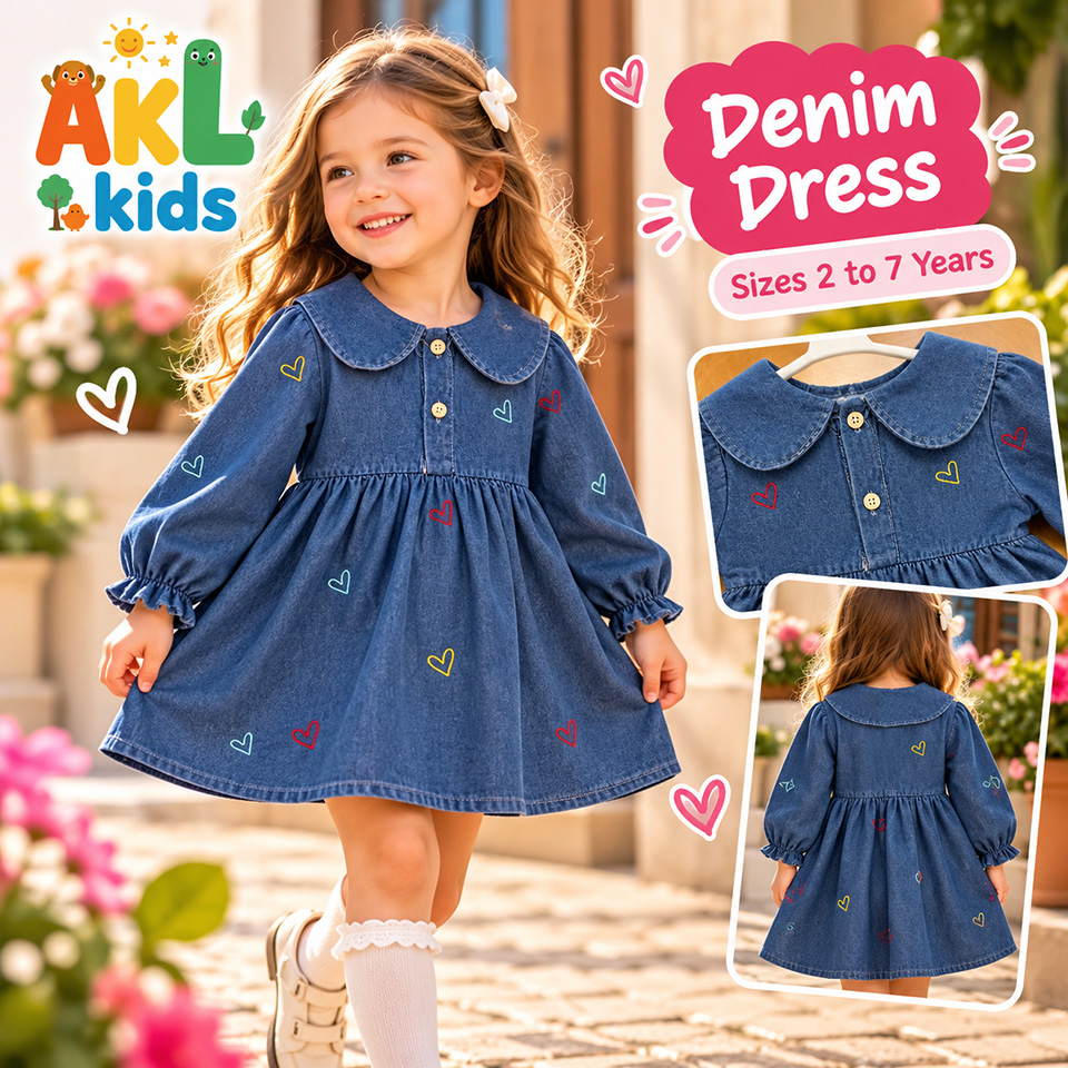Girls’ Denim Dress with Colorful Heart Embroidery – Sizes 2 to 7 Years
