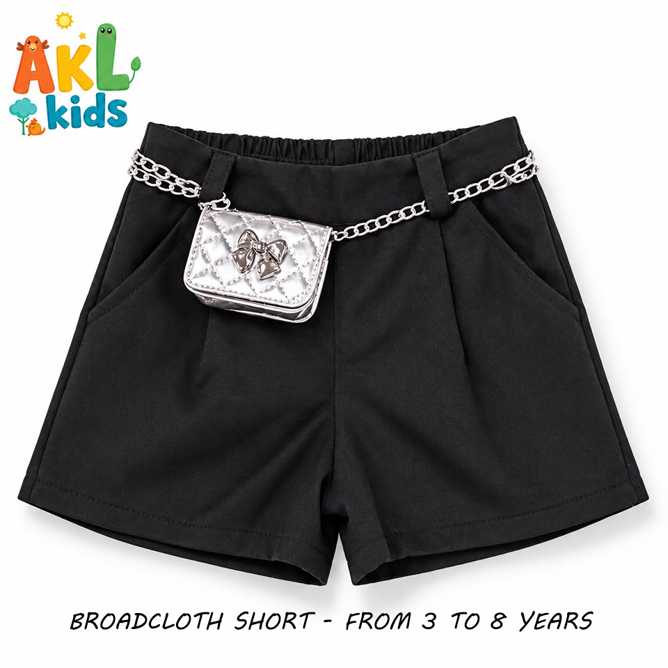 Girls' Black Broadcloth Shorts with Silver Chain & Mini Bag