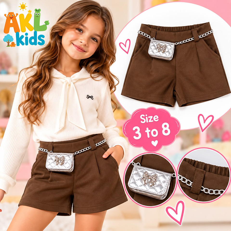 Girls' Brown Broadcloth Shorts with Silver Chain & Mini Bag - Image 2