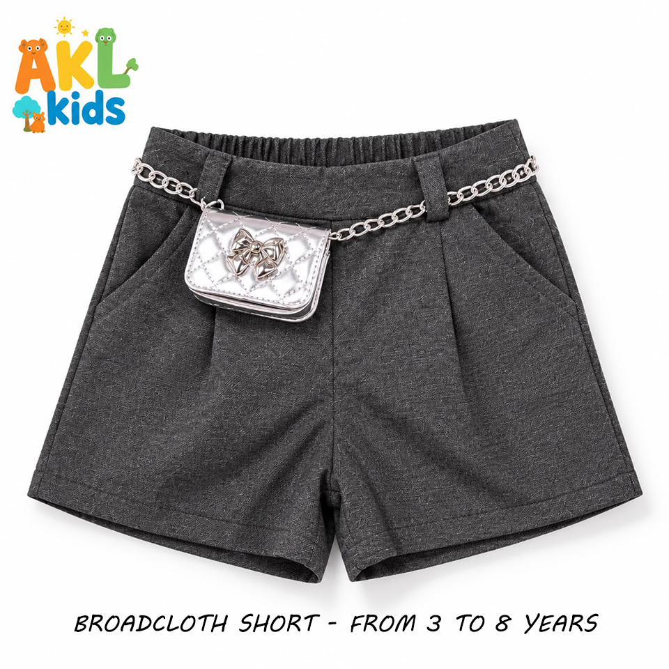 Girls' Gray Broadcloth Shorts with Silver Chain & Mini Bag