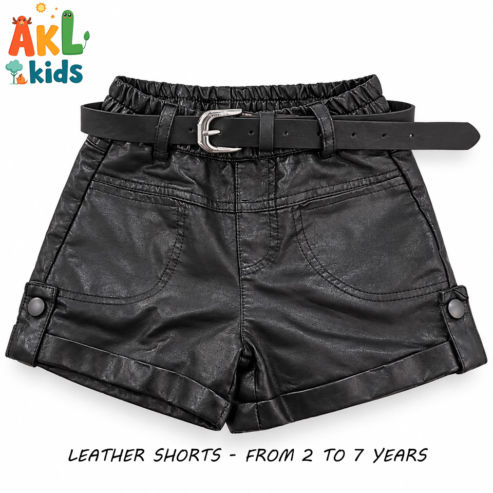 Girls’ Black Leather Shorts with Belt