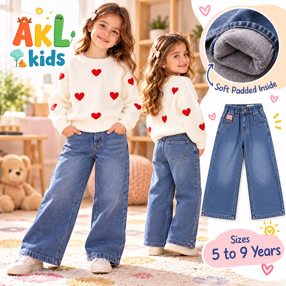 Girls' Padded Denim Pants – Warm & Stylish - Image 2