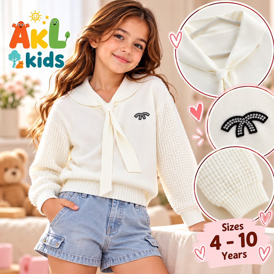 White Knitted Sweater with Sailor Collar for Kids - Image 2