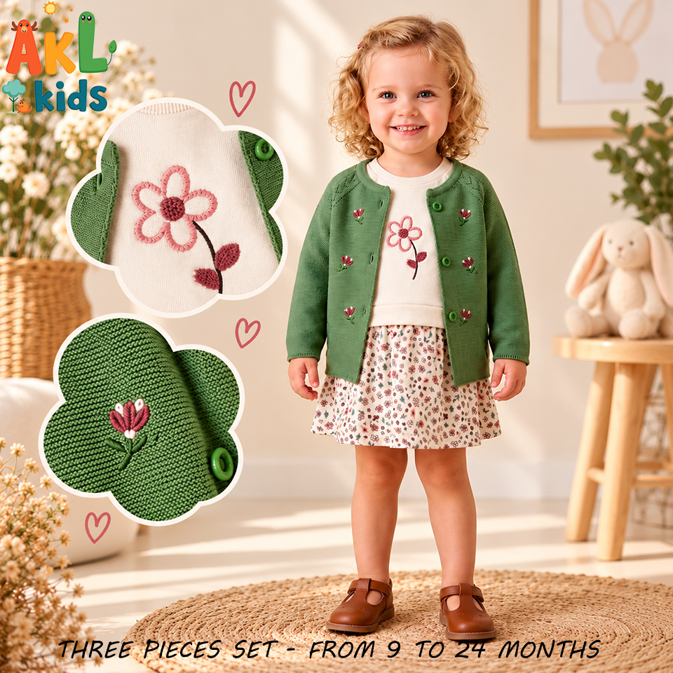 Green Cardigan Three-Piece Baby Girl Set – 9 to 24 Months - Image 2